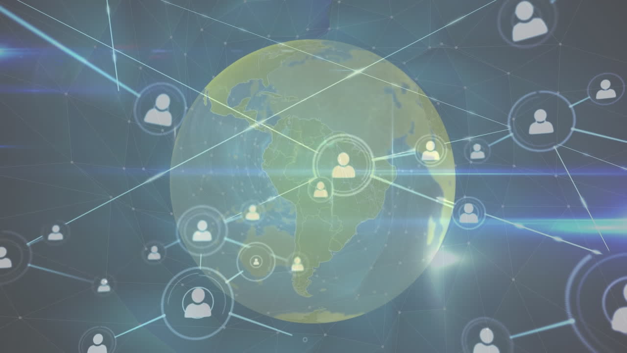 파란색 배경에 대한 지구상에서 프로필 아이콘과 빛의 흔적의 네트워크의 애니메이션