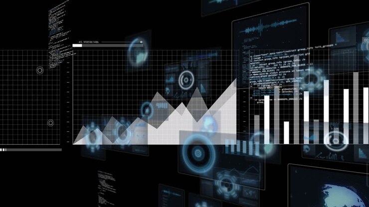 Animation of data processing and world map on black background