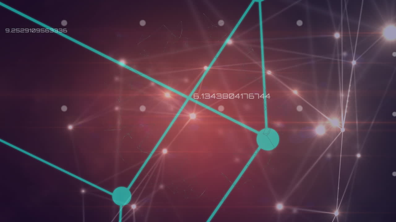Digital animation of multiple changing numbers and network of connections against red background