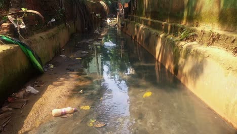 water pollution drone fly above plastic waste residual floating over canal river water