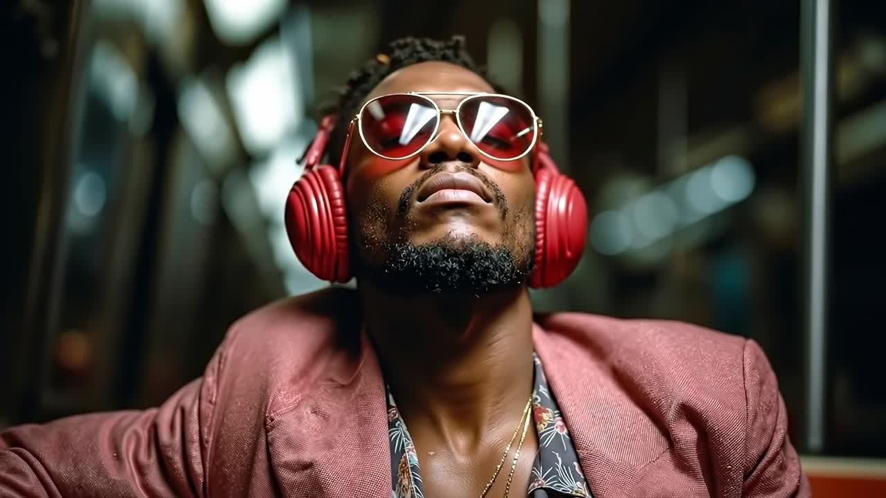 A man wearing red headphones and sunglasses
