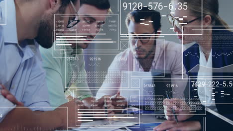Animation of financial data processing over diverse business people in office
