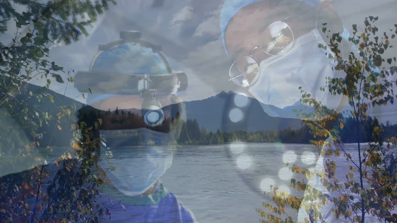 Læger læner sig, den ene justerer lampe, undersøger patient med sø-overlay, briller fanger bokeh