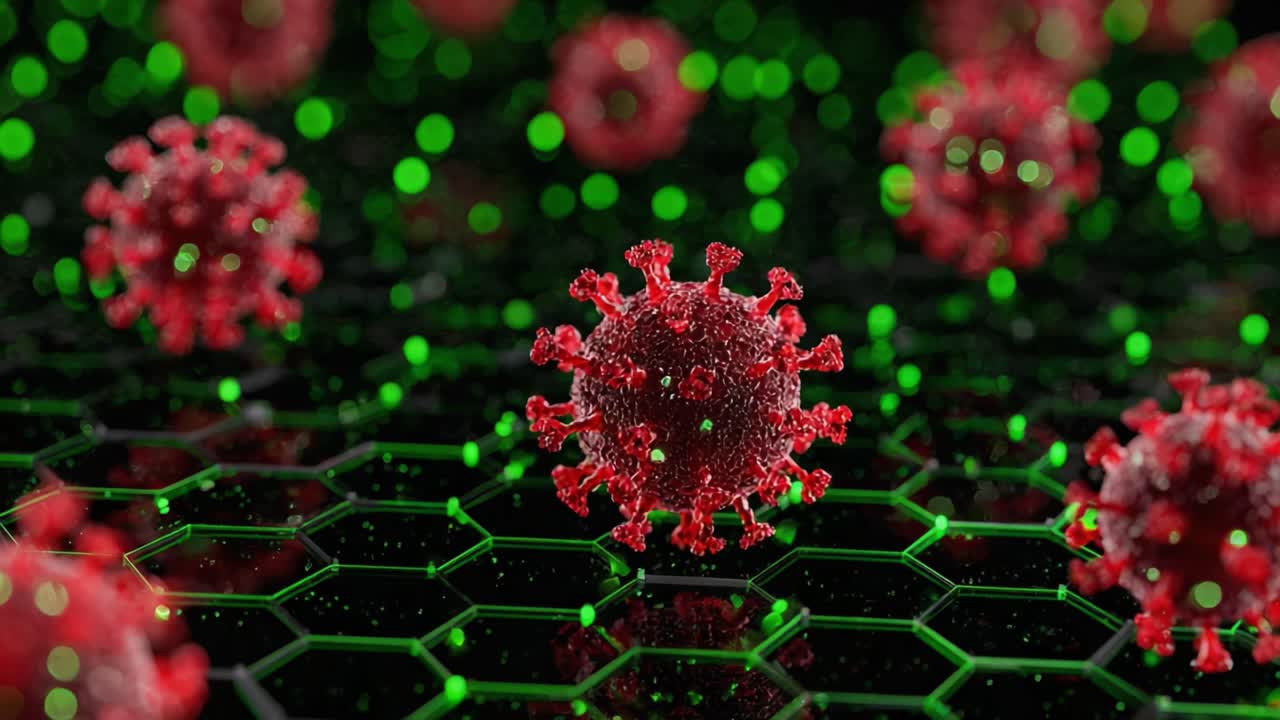 Microscopic Visualization of Viral Particles in Abstract Digital Environment, Displaying Intricate Patterns and Lively Color Contrast Against a Network Background
