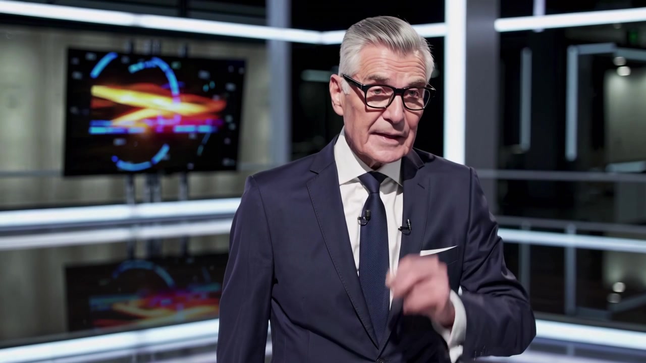 Ældre forretningsmand tager briller på i et moderne tv-studie