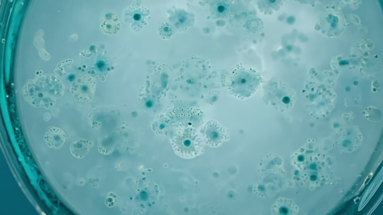 vista microscópica de las células en una placa de petri