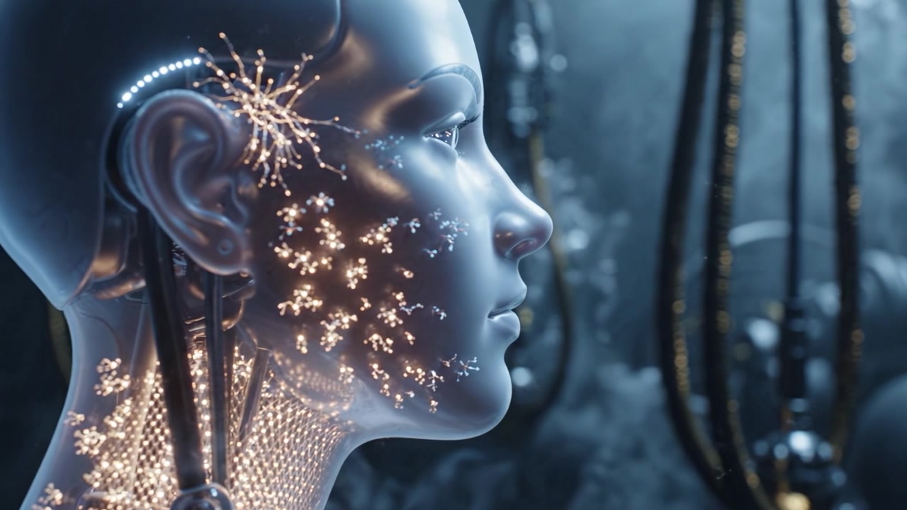 Ritratto intricato di un androide futuristico con caratteristiche bioluminescenti e un ambiente ad alta tecnologia, che simboleggia la robotica avanzata e l'interazione uomo-macchina