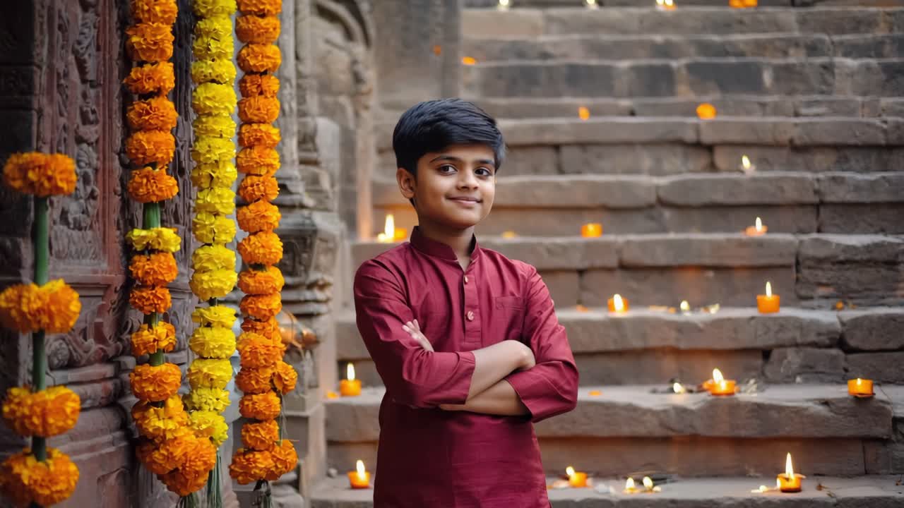 Confident young boy wearing traditional kurta, standing with crossed arms in a decorated temple during Diwali festival, surrounded by burning diyas and marigold flower garlands