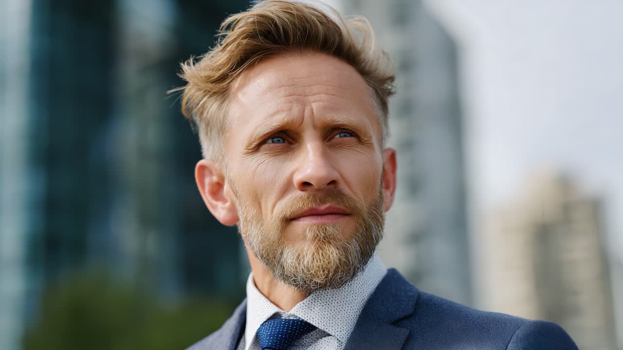A Thoughtful Executive Stands Confidently Against a Modern Urban Backdrop, Reflecting on Strategic Decisions and Leadership Challenges in Today's Business Landscape