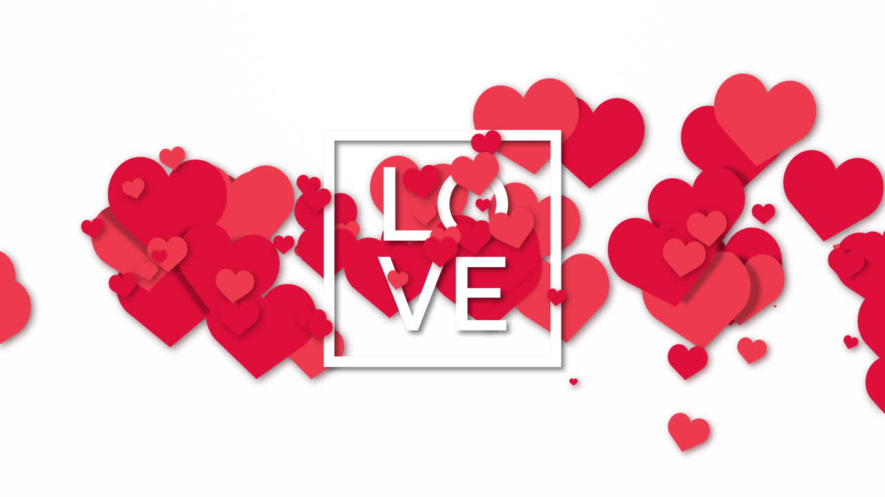 LOVE text. White background with animation of flying red hearts. Happy valentines day and weeding design elements.