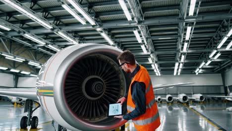 aircraft mechanic inspecting jet engine in hangar