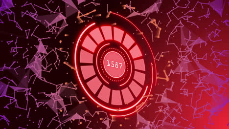 digital counter displaying 1587 with geometric shapes and network connections animation