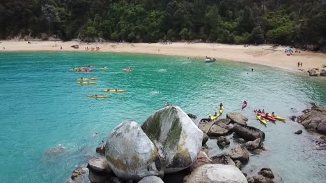 Drone-view-of-Split-Apple-rock-at-Abel-Tasman-National-Park,-New-Zealand