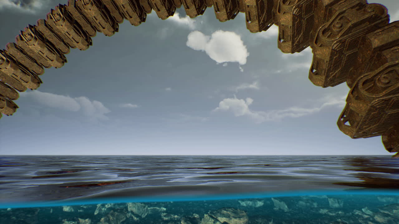 Mysterious alien spacecraft emerges from ocean depths under a clear sky