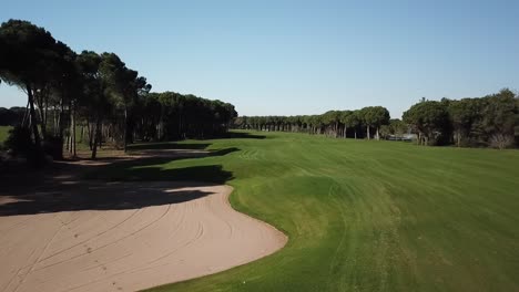 Fast-flying-over-vivid-golf-field-in-low-altitude-drone-shot