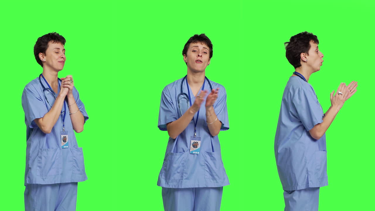 미소 짓는 의료 보좌관이 스튜디오에서 누군가에게 박수를 치고 있습니다.