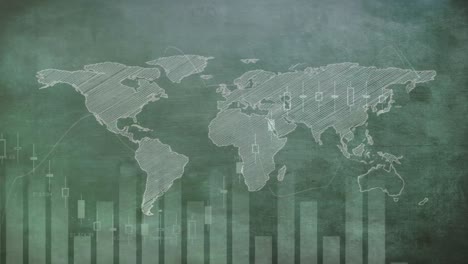 Animation-of-world-map-over-stock-market-display-in-the-background