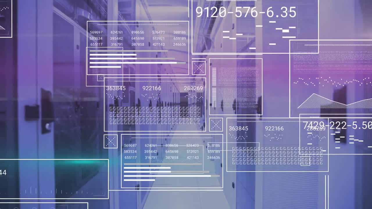 Animation of interface with data processing over blue and pink light trails against server room