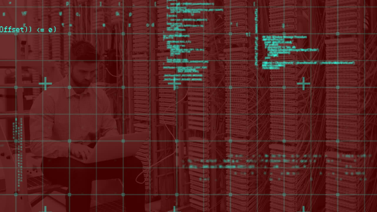 Animation of data processing and caucasian man with laptop over servers