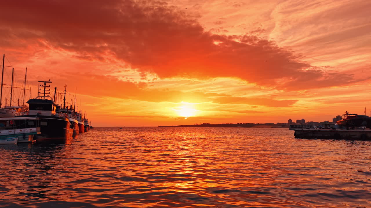Breathtaking sunset over the rugged seascape. Drone footage over the waterscape with the view on the fisher's boats. Nessebar, Bulgaria