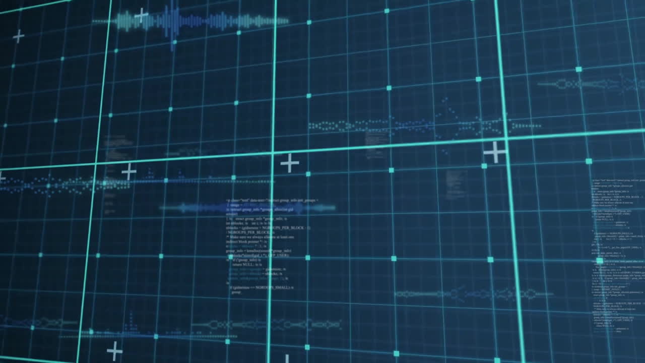 Animation of data processing over grid and dark background
