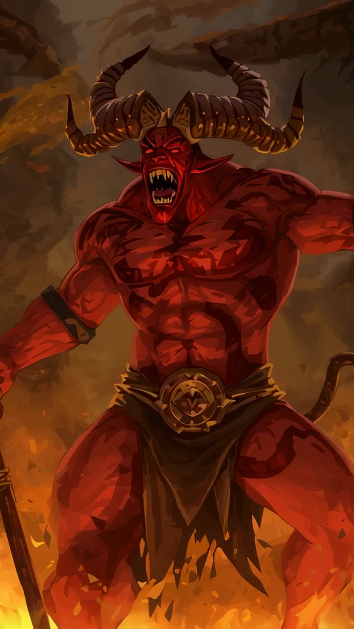 Vertical video: Roaring red demon responding to lava glow and gripping ornate staff in lava cavern