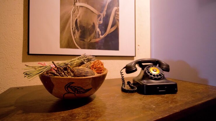 Slow establishing shot of incense sticks and an antique rotary phone