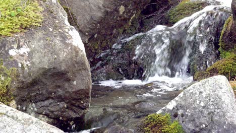 un pequeño arroyo fluye sobre y entre las piedras que se encuentran en su camino natural en el tirol del sur, italia