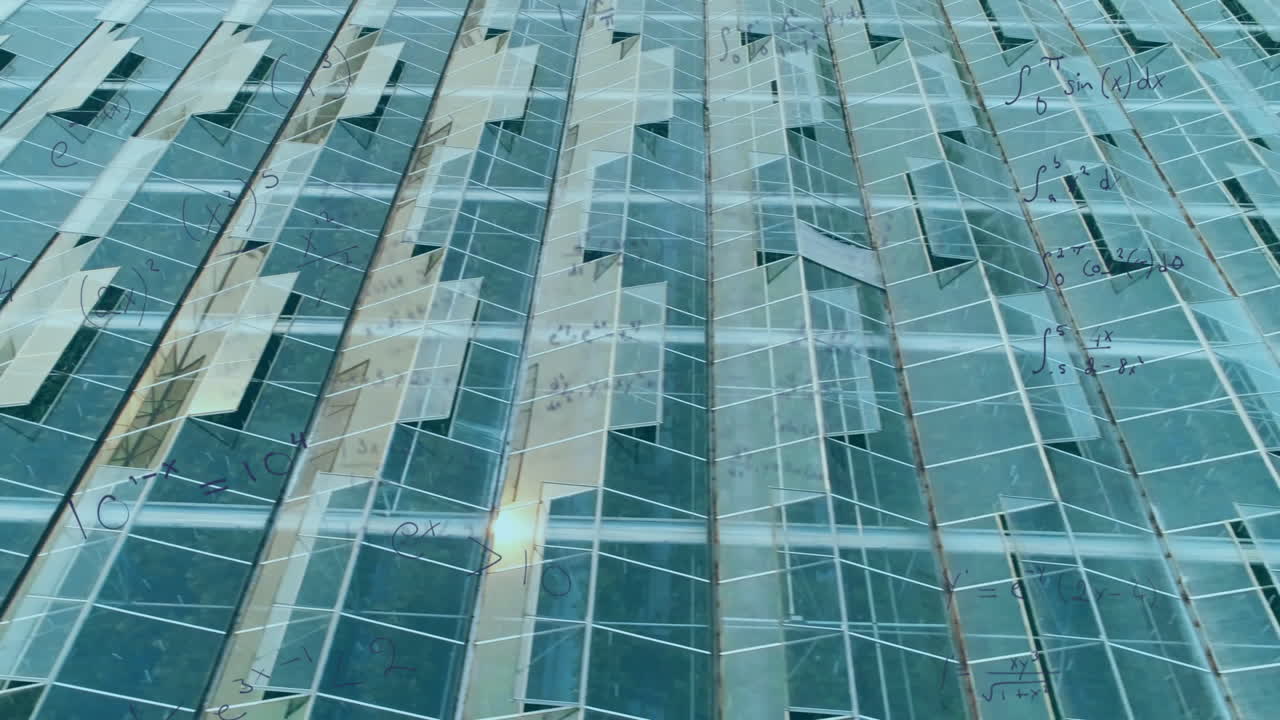 Wet reflective solar panels forming angled rows, showing math equations overlaying 3D grid