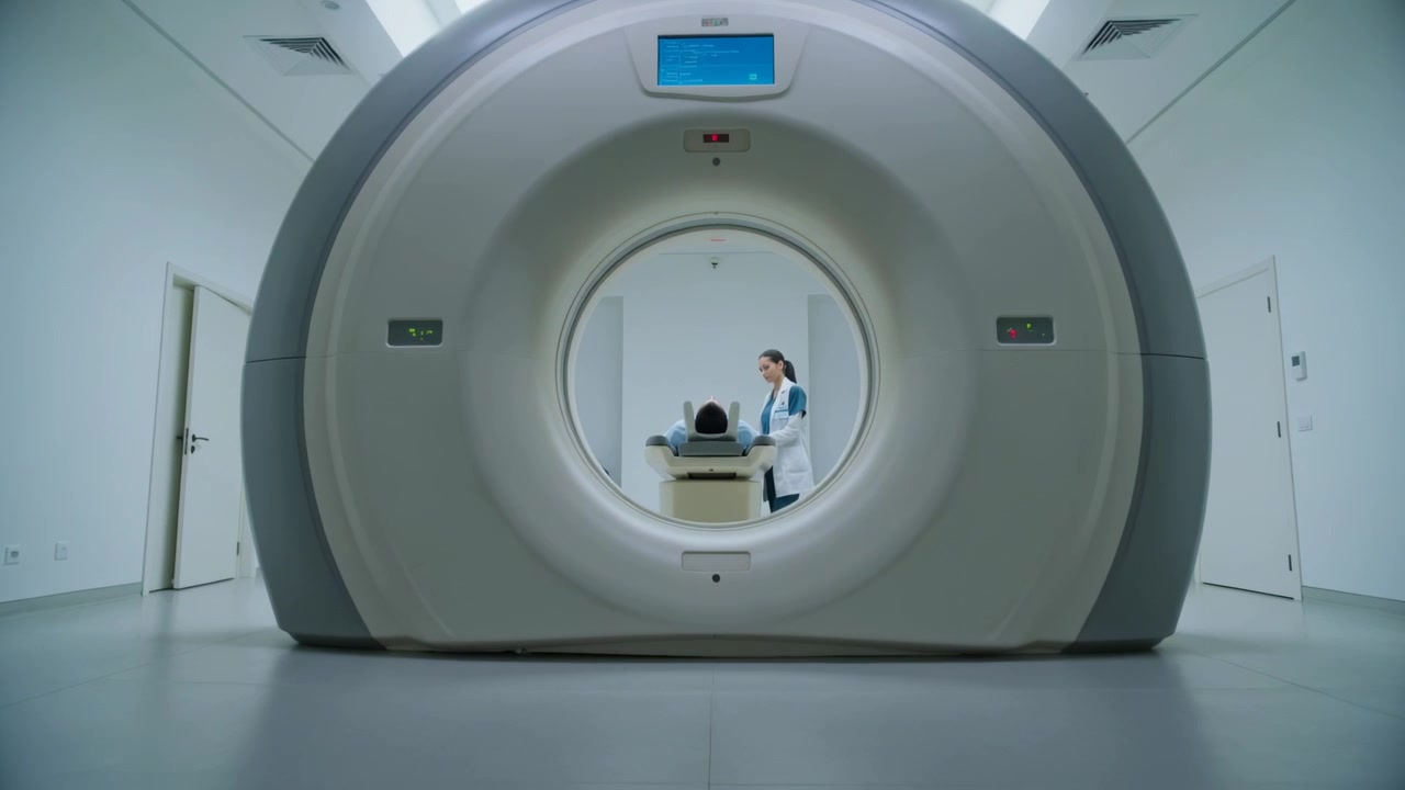 Un portale che avanza tira il tavolo nel foro in radiologia dopo che un tecnico in camice ha sistemato il camice per la scansione.