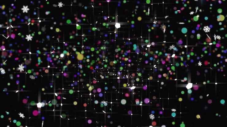 Animazione di neve che cade su luci brillanti su sfondo nero