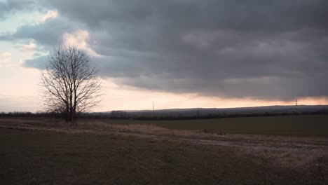 Time-lapse-of-rainy-clouds-moving-on-sky-with-one-tree-at-autumn-daytime