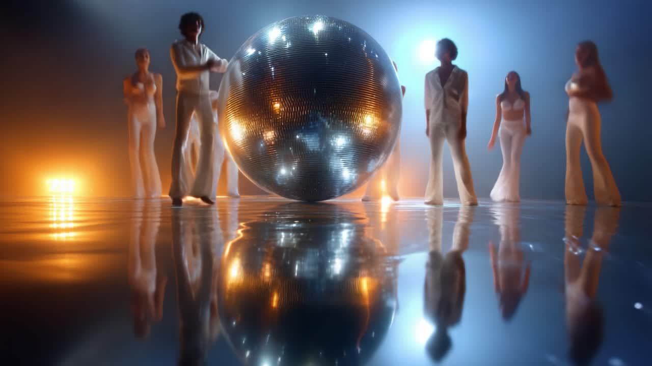A Captivating Dance Performance Featuring Dazzling Artists Dancing Around a Massive Mirror Ball, Radiating Vibrant Lights and Creating a Mesmerizing Atmosphere Full of Energy and Style