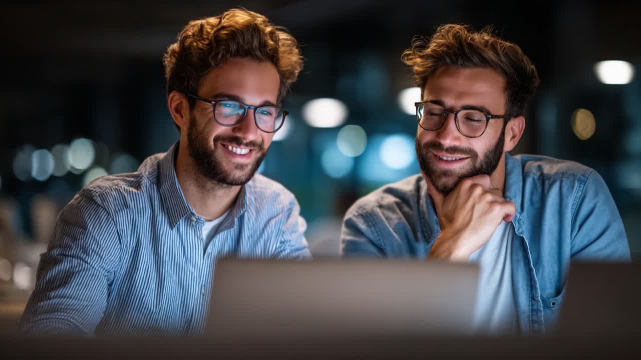 Two friends share a moment of joy and connection while working together late at night, engaged in a productive task on their laptop, highlighting collaboration and friendship