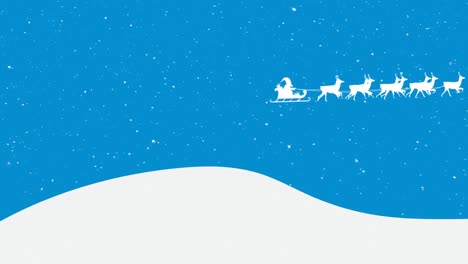 Animation-Des-Weihnachtsmanns-Im-Schlitten-Mit-Rentieren-Und-Schnee,-Der-Auf-Blauem-Hintergrund-Fällt