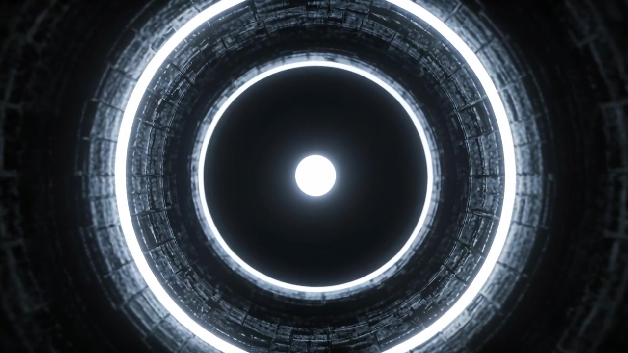 Telecamera che avanza avvicinandosi ad anelli concentrici illuminati all'interno di un pozzo profondo, con il disco centrale che si ingrandisce
