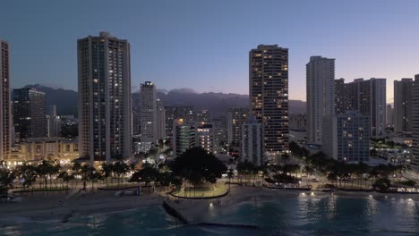 urban landscape of coastal bay city at dusk