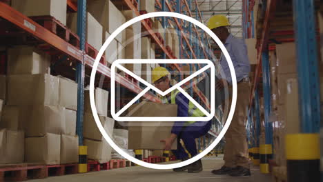 animation of email icon and data processing over diverse men working in warehouse