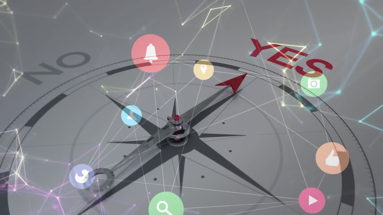 Network lines drifting around compass, icons orbiting, needle rotating from NO toward YES label