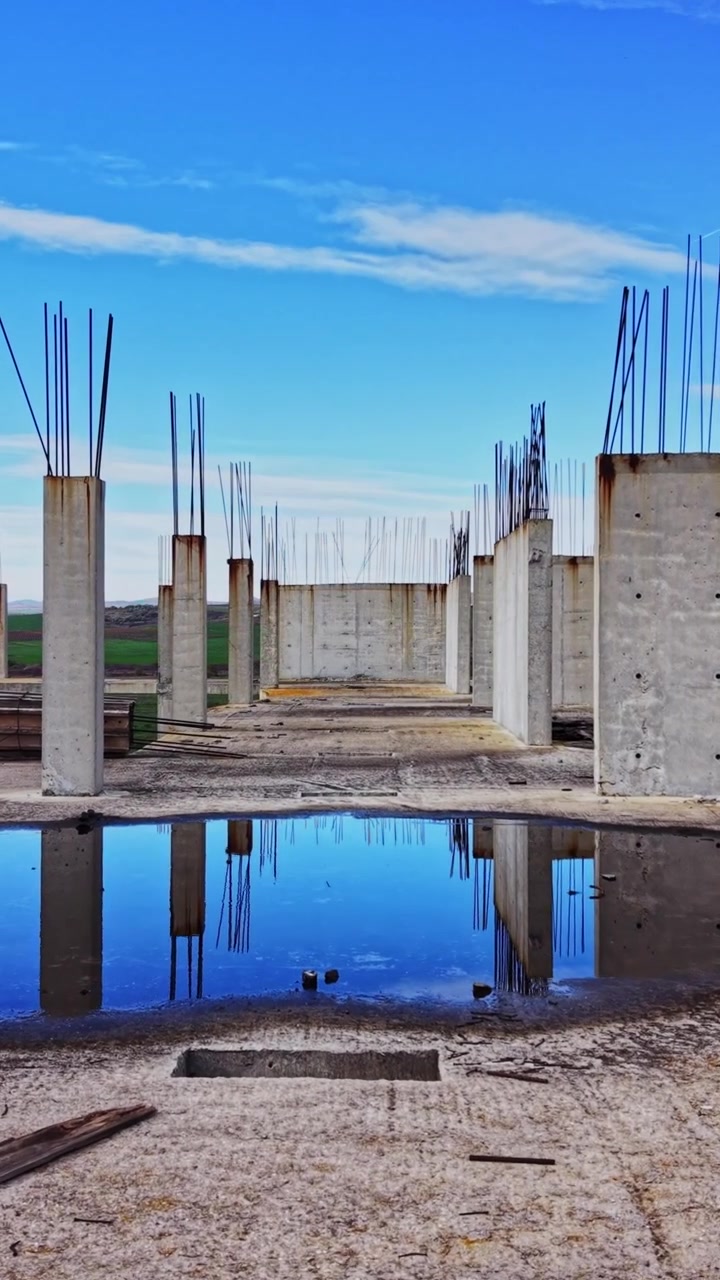 Visão aérea de um canteiro de obras mostrando pilares de concreto e reflexos