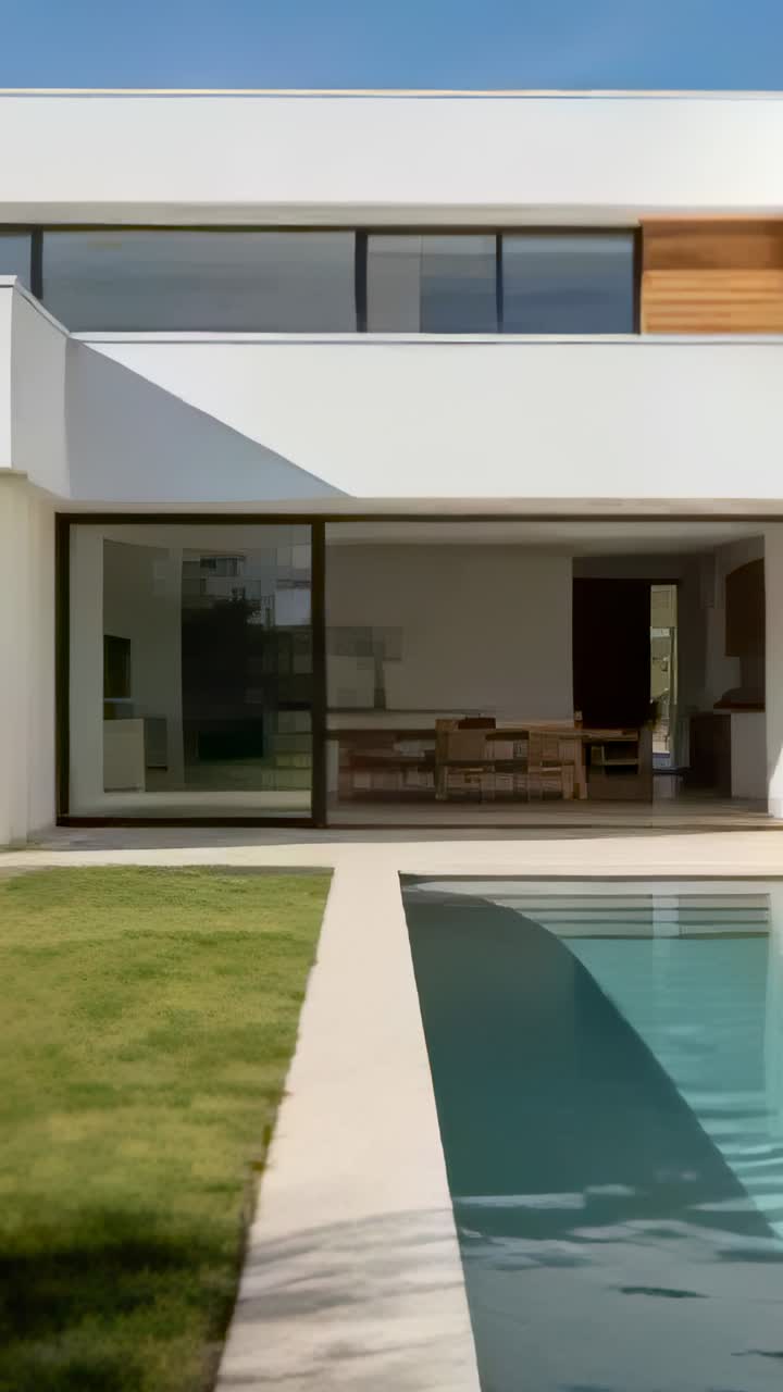 Video vertical: Sol brillante y viento creando ondas y sombras en movimiento en la piscina de casa con puertas de cristal.