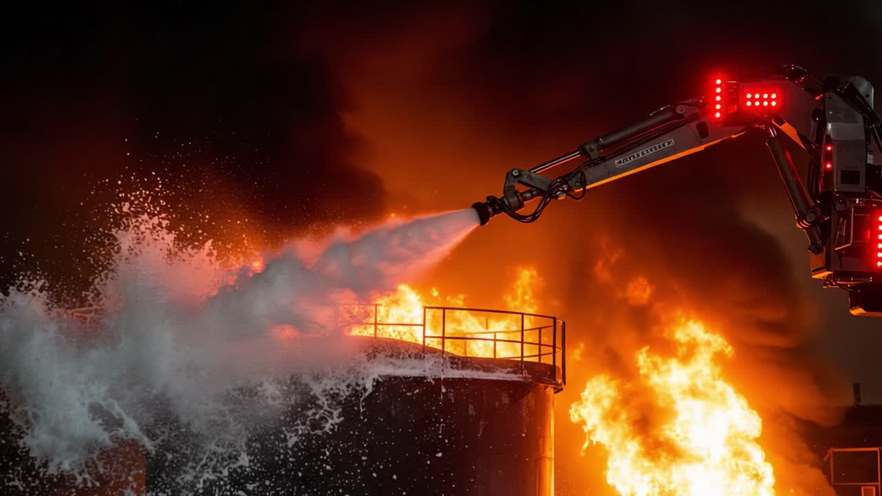 Firefighting Operation: Intense Blaze Under Control as Water is Forcefully Sprayed from a Fire Hose to Combat the Escalating Flames in an Industrial Setting