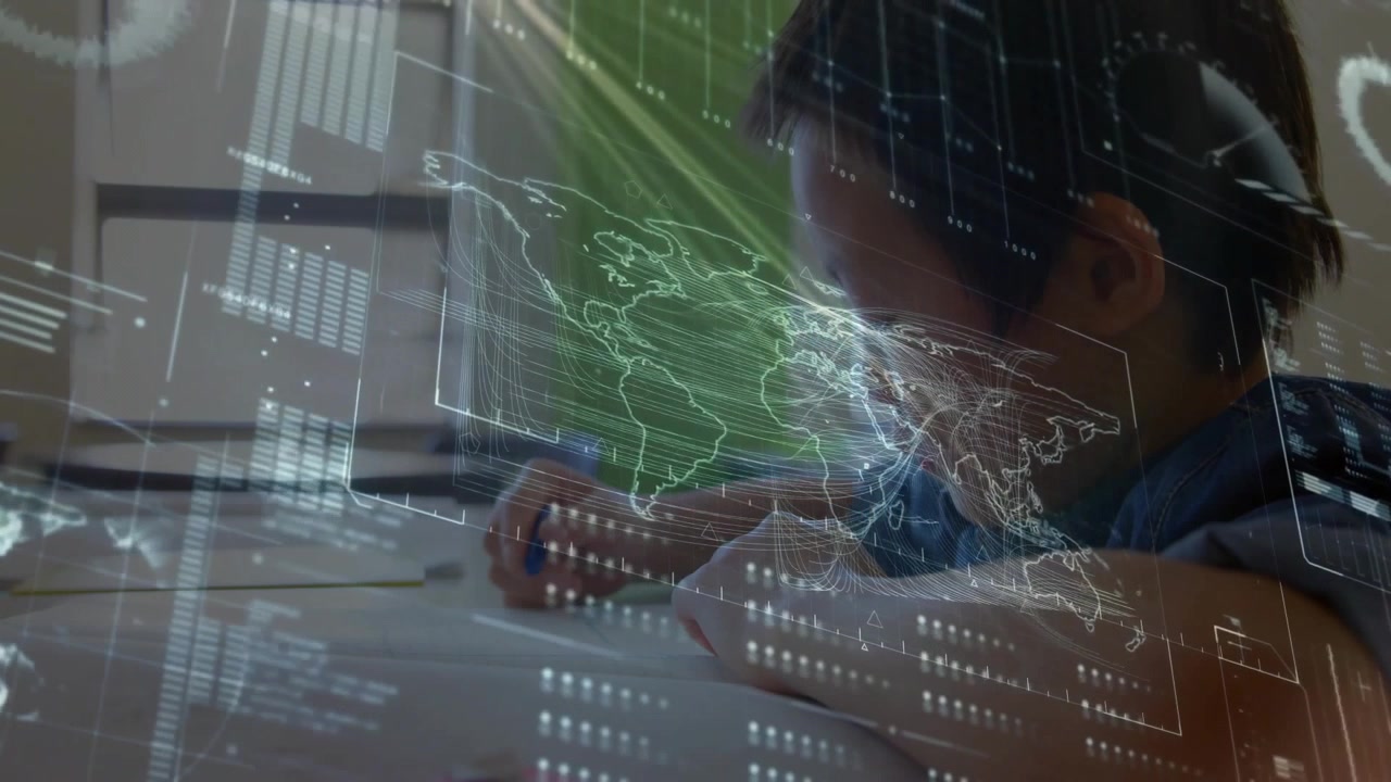 Upon overlay appearing boy writing at desk for education with data charts and wireframe map tracing
