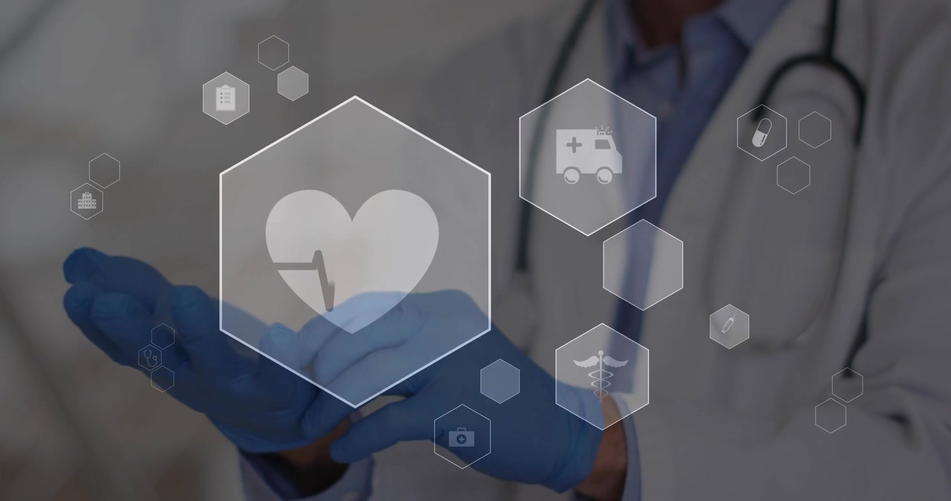 Médico experimentado desdoblando guantes de látex azules y activando iconos de salud flotantes durante la preparación del paciente.