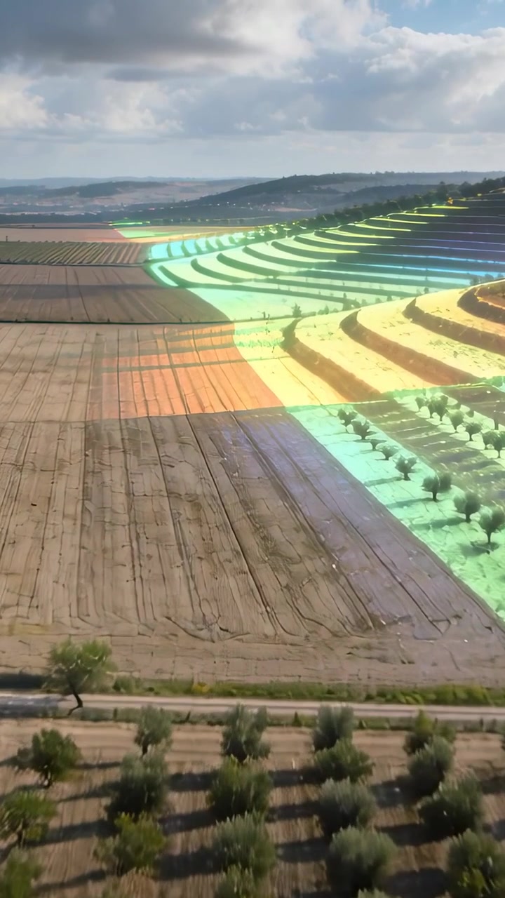 Video verticale: Drone che si muove a destra sopra filari di frutteti e terrazzamenti, con sovrapposizione che scorre per mostrare i contorni