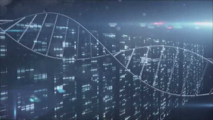 Animation of data processing over blue background