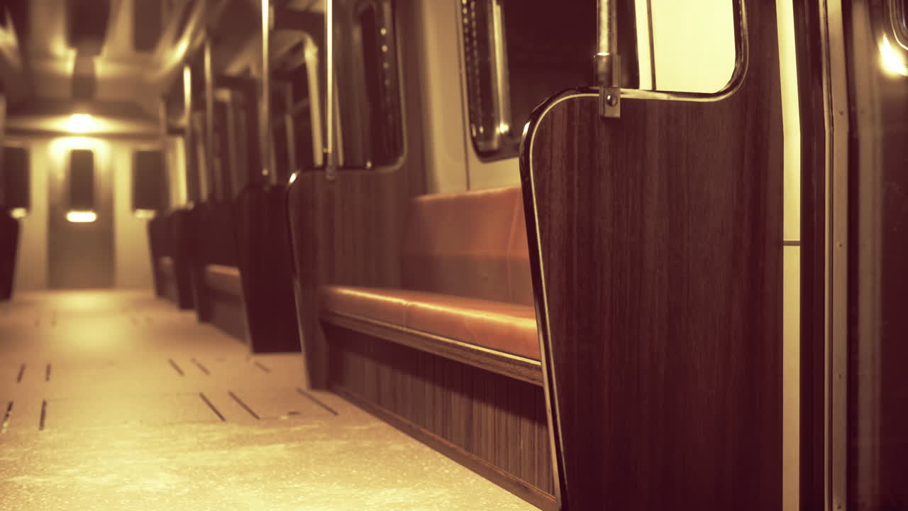 Empty subway car interior during late night hours in a quiet urban setting