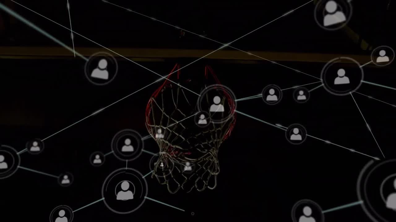 Animation of networks of connections over mixed race male basketball player at gym