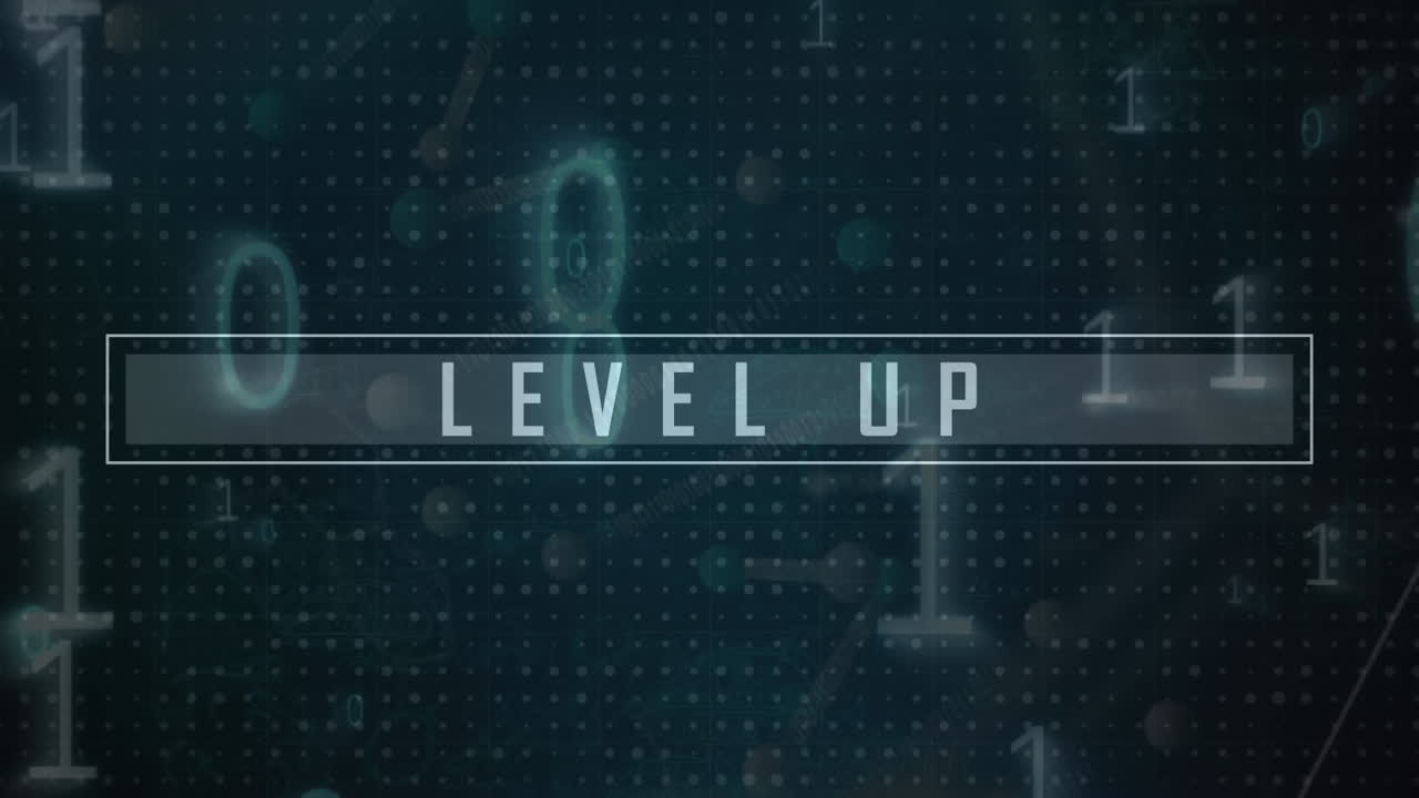 Animation of level up text, binary coding and data processing