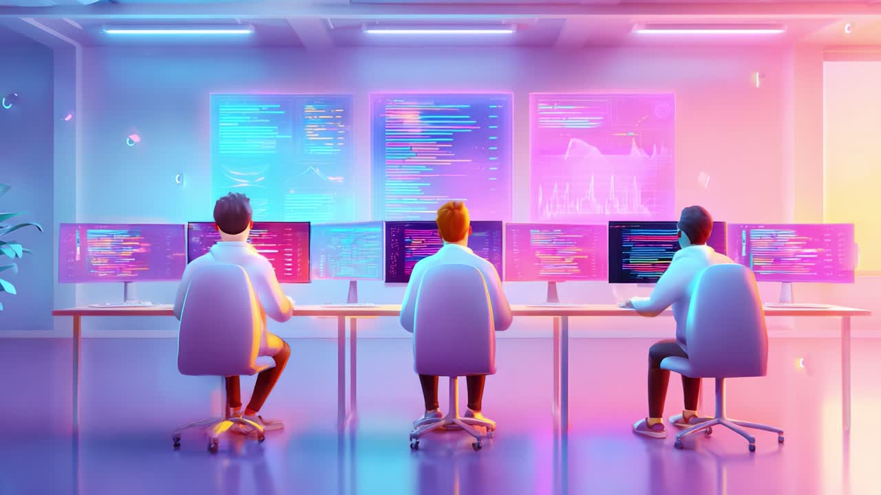 A Group of Programmers Collaborating at Their Desks Surrounded by Colorful Screens Displaying Code and Data Visualizations in a Modern Tech Environment